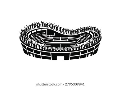 ['A stylized graphic of a circular stadium arena packed with silhouettes of spectators cheering and celebrating in the stands']