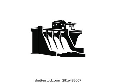 ['A stylized graphic of a dam structure featuring three spillways with cascading water and a crane on top, rendered in a bold black and white silhouette style']
