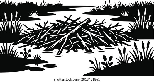 ['A stylized graphic depiction of a beaver lodge constructed from stacked branches and logs sitting in a marshy water environment']
