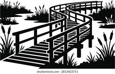 ['A stylized graphic depiction of a curved wooden bridge with railings extending through a marshy landscape with tall reeds and grasses']