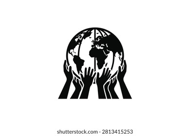 ['A stylized graphic featuring several human hands reaching upward to support and cradle a globe representing the world']