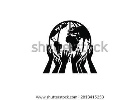 ['A stylized graphic featuring several human hands reaching upward to support and cradle a globe representing the world']