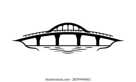 ['A stylized graphic icon of a bridge featuring a central arch and support pillars above rippling water waves']