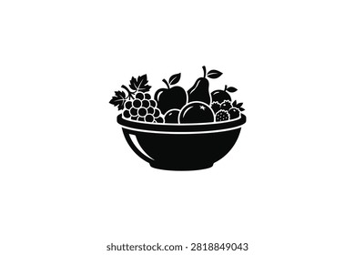 ['A stylized graphic icon featuring a bowl overflowing with various fruits including grapes an apple a pear and berries in a clean monochromatic design']