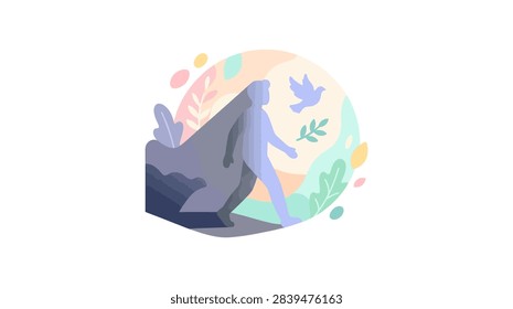 ['A stylized human figure emerging from a heavy dark stone shape into a vibrant colorful space with a bird and leaves']
