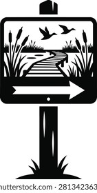 ['A stylized signpost graphic showing a boardwalk path through a wetland with cattails and flying ducks, featuring a prominent right-pointing arrow']