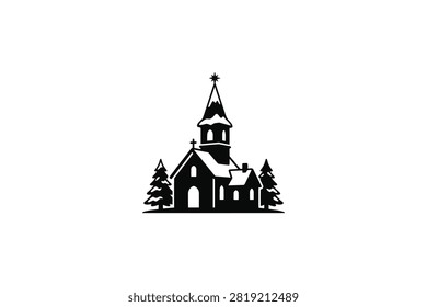 ['A stylized silhouette of a small church building with a tall steeple, covered in snow, flanked by two evergreen pine trees on a white background.']