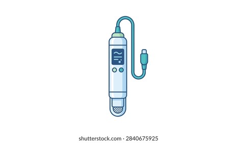 ['A stylized vector illustration of a portable digital sensor or testing tool featuring a small screen, control buttons, and a USB connector cable']