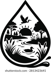 ['A stylized water droplet frame containing a silhouette of a lake with a swimming duck, a flying bird, trees, reeds, and a rising sun']