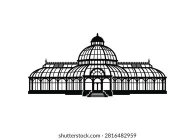 ['A symmetrical architectural drawing of a grand greenhouse featuring a central dome, arched glass panels, and a small staircase leading to the entrance']