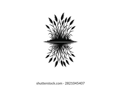['A symmetrical black graphic illustration featuring a cluster of tall reeds above a horizontal line with a mirrored reflection below on a white background']