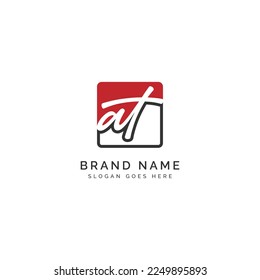 A, T, AT Letra inicial manuscrita y plantilla de imagen vectorial de firma en el logotipo de forma cuadrada