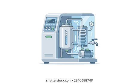 ['A technical diagram of a water purification machine showing internal components like a storage tank, pump, and filtration coils']