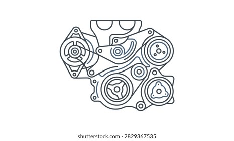 ['A technical line drawing showing the layout of an engine serpentine belt system with pulleys and brackets']