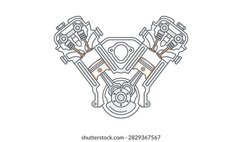 ['A technical line drawing showing the internal components of a V engine including pistons connecting rods and valves']