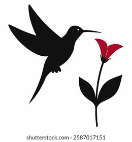 "A tiny hummingbird in silhouette, hovering near a flower, high contrast."