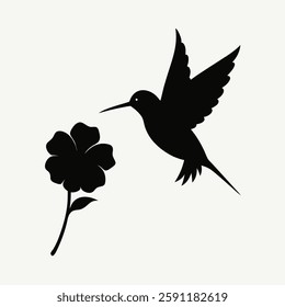 "A tiny hummingbird in silhouette, hovering near a flower, high contrast."