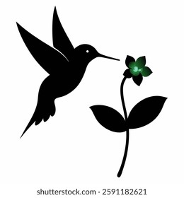 "A tiny hummingbird in silhouette, hovering near a flower, high contrast."