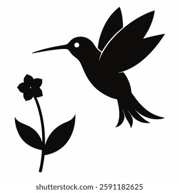 "A tiny hummingbird in silhouette, hovering near a flower, high contrast."