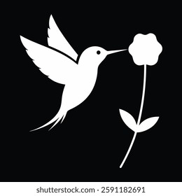 "A tiny hummingbird in silhouette, hovering near a flower, high contrast."