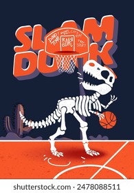 "A T-Rex fossil playing basketball on an outdoor court, perfect for children's t-shirts."