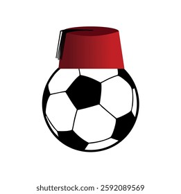 "A unique vector design featuring a football adorned with a traditional Moroccan tarbouch (fez). The football is integrated with vibrant colors and intricate patterns, showcasing a blend of sports and