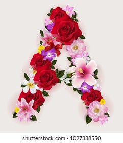 A, vector font with realistic of beautiful tropical flowers on background color.
