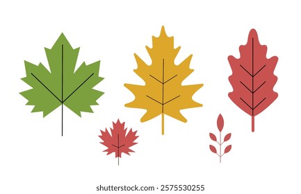 "A vector illustration of colorful autumn leaves in various shapes and sizes, including green, yellow, and red leaves. Perfect for seasonal designs, fall-themed projects, and nature-inspired artwork."