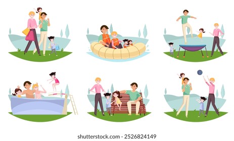 [A Vector illustration featuring diverse LGBTQ families enjoying various outdoor activities, highlighting love, inclusivity, and joy in a natural and playful setting.