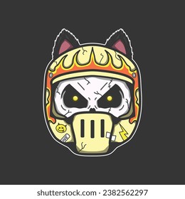 "A vector illustration featuring a skull wearing a yellow flame-patterned helmet and an emoticon with horns. Suitable for t-shirt designs, jacket designs, book covers, mascots, characters, and more."