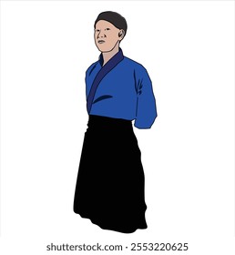 "A vector illustration of a sushi chef wearing traditional Japanese attire, standing in a formal pose. The figure is drawn in a clean and minimalist style, ideal for use in food-related or cultural