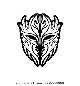 .A vector tattoo sketch of a Polynesian god mask, done in black and white.