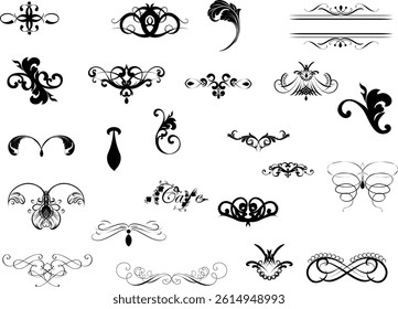 "A versatile set of ornamental and decorative vector elements, featuring intricate swirls, flourishes, and vintage-inspired designs. Ideal for enhancing invitations, logos, greeting cards, packaging, 