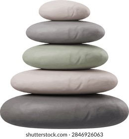 ['A vertical stack of five smooth, polished river stones in varying shades of grey, beige, and green, creating a harmonious and balanced composition.']