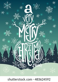 'A very merry Christmas' handwritten quote in a shape of a snowman. Unique hand lettering on snowy winter background. Great design element for greeting cards, banners and holidays flyers.