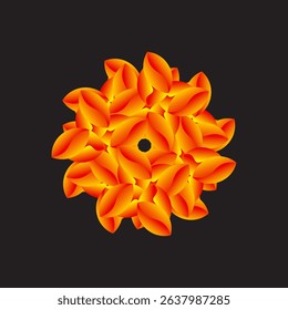 'A vibrant abstract digital art piece featuring a layered orange and red petal-like floral design with a luminous gradient on a sleek black background, conveying elegance and artistic depth.'