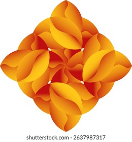 'A vibrant abstract digital art piece featuring a layered orange and yellow floral or petal-like design in a square formation on a clean white background, conveying depth and radiant energy.'