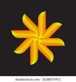 'A vibrant abstract digital art piece featuring a dynamic orange and yellow radial star or flower design with a gradient effect on a sleek black background