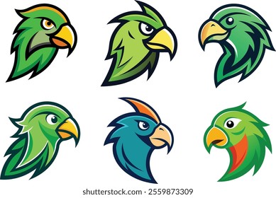 "A vibrant bundle of parakeet head vector illustrations featuring detailed, colorful designs. Perfect for creative projects, merchandise, or branding. These high-quality, lively parakeet graphics add 