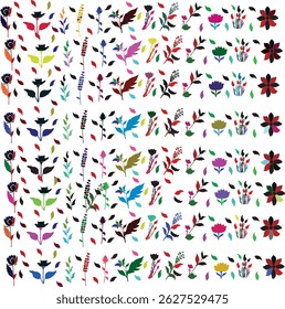 "A vibrant collection of abstract vector flowers and leaves. Ideal for print, packaging, stickers, and digital artwork. Perfect for card design, scrapbooking, and textile use. Available in high-resolu