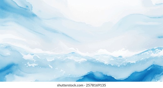 "A Vibrant and Dynamic Blue Ocean Wave Abstract Illustration in Watercolor Style, Featuring Fluid Tsunami Waves and Layered Tropical Water Splashes, Blending the Serenity of the Sea with Bold Artistic