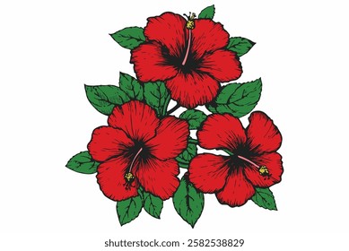 "A vibrant red floral vector illustration featuring a cluster of flowers with green leaves. Perfect for digital prints, invitations, and decorative designs."
