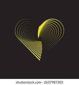 'A vibrant yellow heart shape composed of abstract dots arranged in a dynamic swirling pattern on a solid black background, ideal for digital art, love themes, and modern design.'