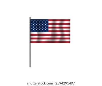 "a waving american flag with 50 white stars and 13 red and white stripes on a pole.".