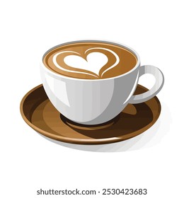 "A white ceramic cup filled with coffee, topped with a heart-shaped design in the foam."