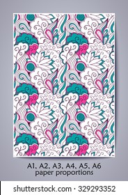 A1, A2, A3, A4, A5, A6 ISO paper proportions. Tracery calming pattern. Mehendi design. Neat even blue rose harmonious doodle texture.Indifferent discreet. Bracing usable doodling mehndi cover. Vector.
