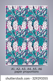 A1, A2, A3, A4, A5, A6 ISO paper proportions. Tracery calming pattern. Mehendi design. Neat even blue rose harmonious doodle texture.Indifferent discreet. Bracing usable doodling mehndi cover. Vector.