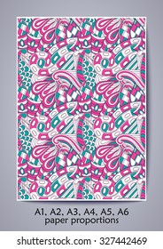 A1, A2, A3, A4 ISO paper proportions. Tracery calming pattern. Mehendi design. Neat even colorful harmonious doodle texture. Indifferent discreet. Ambitious bracing usable doodling mehndi. Vector.