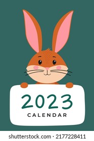 A3 Cover of the wall calendar for  2023. Cute brown rabbit or Bunny, symbol of the year 2023 according to the Eastern or Chinese calendar. Vector stock ready-to-print template.