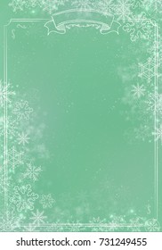 A3 green gradient winter paper background with the snow and snowflake border